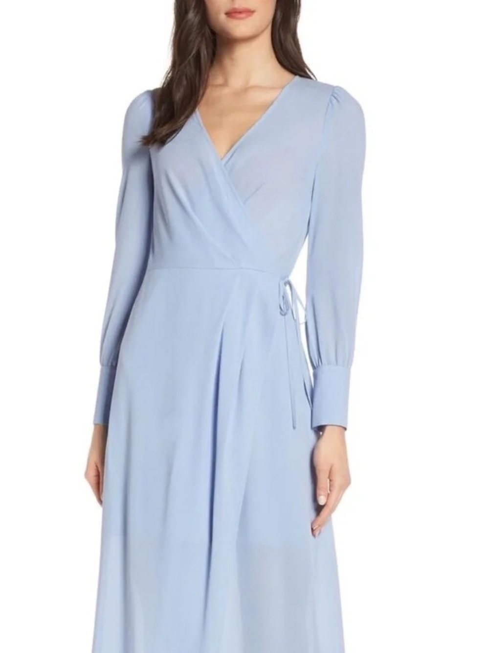 ALI & JAY Powder Blue Wrap Midi Dress with Long Sleeves - Picture 1 of 5